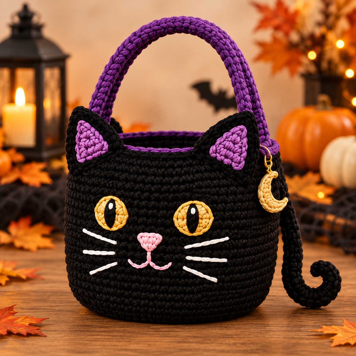 Generated product photo - Black Cat Trick-or-Treat Bag Crochet Pattern