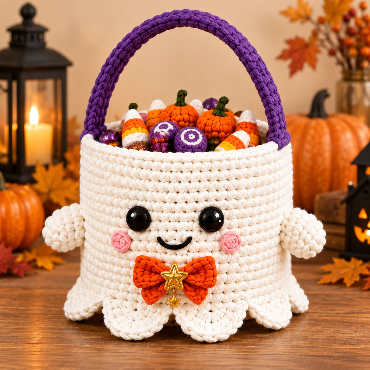 Generated product photo - Ghost Trick-or-Treat Bucket Crochet Pattern